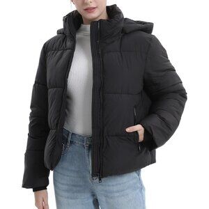 Women's Black Cropped Puffer Jackets,warm Winter Jacket With Removable Hood